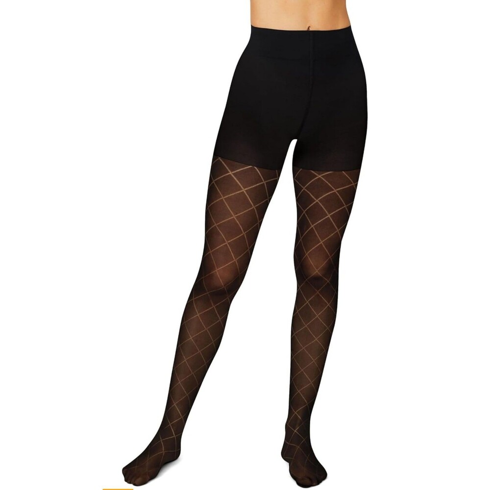 Hanes EcoSmart Tights Black Diamond Outline Size Medium Black Pattern To Toe New